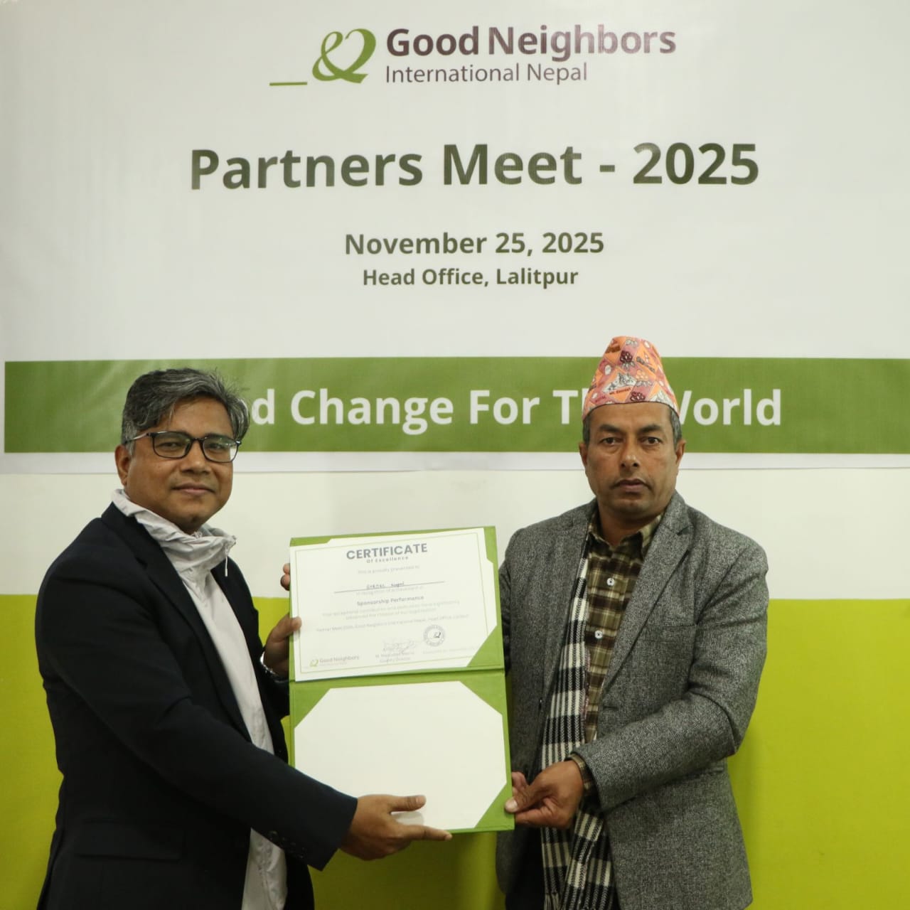 Receiving a Certificate of Excellence from GNI Nepal